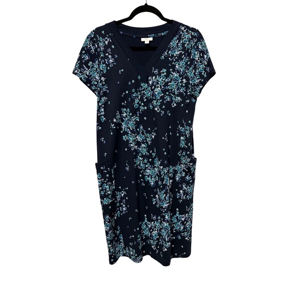 J. Jill Dresses & Skirts - J.Jill Fit Navy Blue Teal Floral French Terry V-Neck Pocket Dress Small Tall